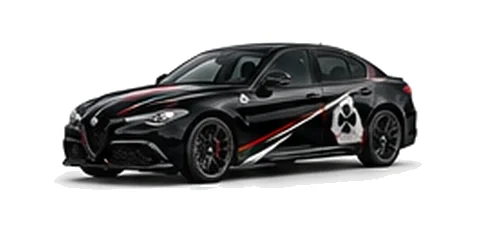 Alfa Romeo Giulia in Etna Black with Italian tricolore inspired vinyl graphics, front three-quarter view on a white background.