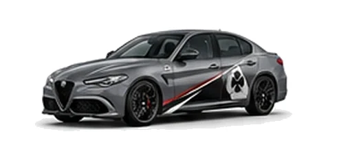 Alfa Romeo Giulia in Vesuvio Grey with Italian tricolore inspired vinyl graphics, front three-quarter view on a white background.