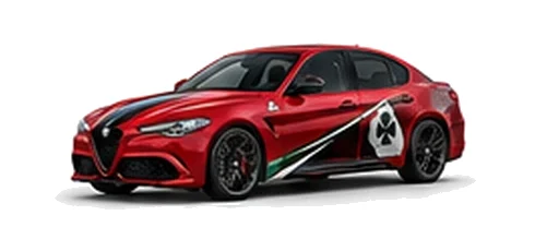 Alfa Romeo Giulia in Rosso Alfa with Italian tricolore inspired vinyl graphics, front three-quarter view on a white background.