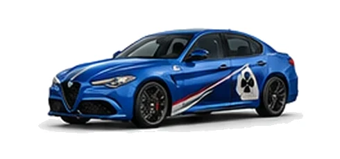 Alfa Romeo Giulia in Misano Blue with Italian tricolore inspired vinyl graphics, front three-quarter view on a white background.