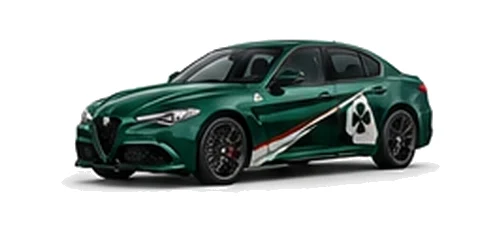 Alfa Romeo Giulia in Montreal Green with Italian tricolore inspired vinyl graphics, front three-quarter view on a white background.
