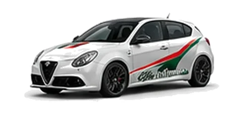 Alfa Romeo Giulietta in Alfa White with Italian tricolore inspired vinyl graphics, front three-quarter view on a white background.