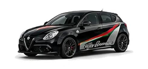 Alfa Romeo Giulietta in Etna Black with Italian tricolore inspired vinyl graphics, front three-quarter view on a white background.