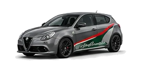 Alfa Romeo Giulietta in Vesuvio Grey with Italian tricolore inspired vinyl graphics, front three-quarter view on a white background.