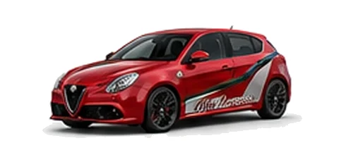 Alfa Romeo Giulietta in Rosso Alfa with Italian tricolore inspired vinyl graphics, front three-quarter view on a white background.