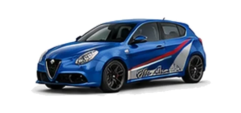 Alfa Romeo Giulietta in Misano Blue with Italian tricolore inspired vinyl graphics, front three-quarter view on a white background.