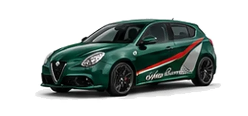 Alfa Romeo Giulietta in Montreal Green with Italian tricolore inspired vinyl graphics, front three-quarter view on a white background.
