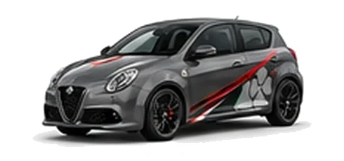 Alfa Romeo MiTo in Vesuvio Grey with Italian tricolore inspired vinyl graphics, front three-quarter view on a white background.