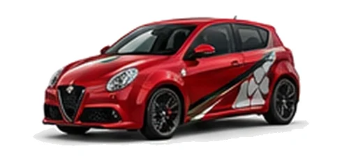 Alfa Romeo MiTo in Rosso Alfa with Italian tricolore inspired vinyl graphics, front three-quarter view on a white background.