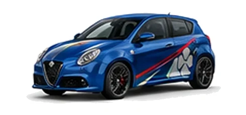 Alfa Romeo MiTo in Misano Blue with Italian tricolore inspired vinyl graphics, front three-quarter view on a white background.