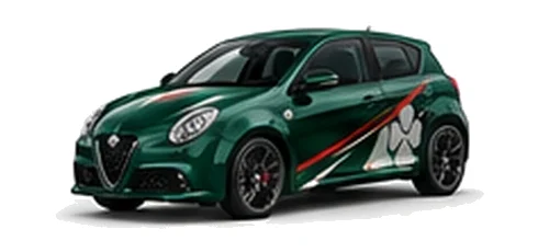 Alfa Romeo MiTo in Montreal Green with Italian tricolore inspired vinyl graphics, front three-quarter view on a white background.