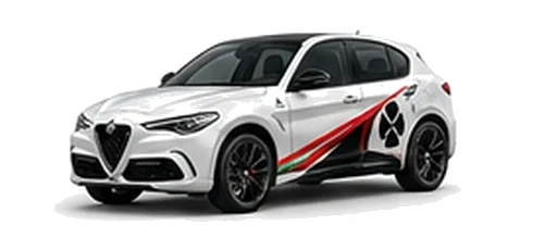 Alfa Romeo Stelvio Quadrifoglio in Alfa White with Italian tricolore inspired vinyl graphics, front three-quarter view on a white background.