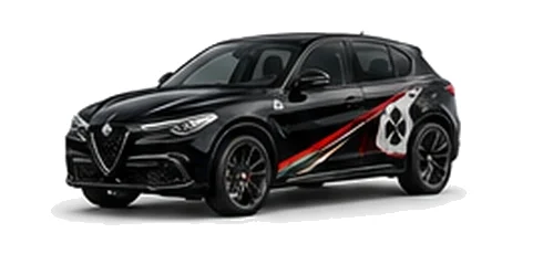 Alfa Romeo Stelvio Quadrifoglio in Etna Black with Italian tricolore inspired vinyl graphics, front three-quarter view on a white background.