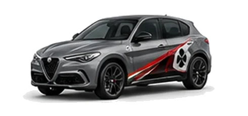 Alfa Romeo Stelvio Quadrifoglio in Vesuvio Grey with Italian tricolore inspired vinyl graphics, front three-quarter view on a white background.