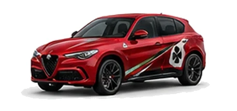 Alfa Romeo Stelvio Quadrifoglio in Rosso Alfa with Italian tricolore inspired vinyl graphics, front three-quarter view on a white background.