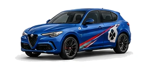Alfa Romeo Stelvio Quadrifoglio in Misano Blue with Italian tricolore inspired vinyl graphics, front three-quarter view on a white background.