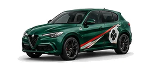 Alfa Romeo Stelvio Quadrifoglio in Montreal Green with Italian tricolore inspired vinyl graphics, front three-quarter view on a white background.