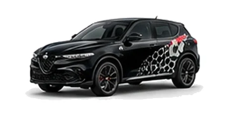 Alfa Romeo Tonale in Etna Black with Italian tricolore inspired vinyl graphics, front three-quarter view on a white background.