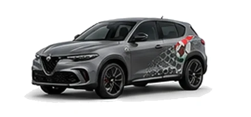 Alfa Romeo Tonale in Vesuvio Grey with Italian tricolore inspired vinyl graphics, front three-quarter view on a white background.