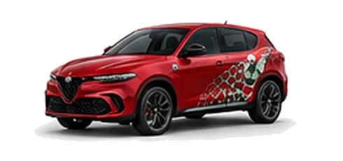 Alfa Romeo Tonale in Rosso Alfa with Italian tricolore inspired vinyl graphics, front three-quarter view on a white background.