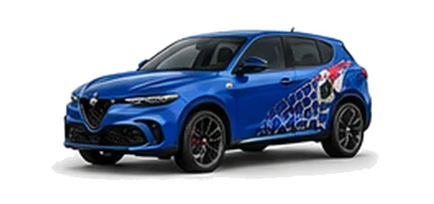 Alfa Romeo Tonale in Misano Blue with Italian tricolore inspired vinyl graphics, front three-quarter view on a white background.