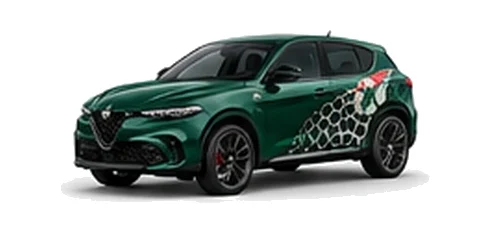 Alfa Romeo Tonale in Montreal Green with Italian tricolore inspired vinyl graphics, front three-quarter view on a white background.