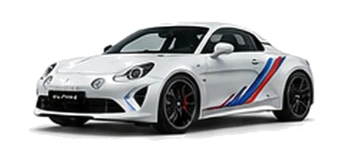 Alpine A110 in Glacier White with motorsport-inspired vinyl graphics, front three-quarter view on a white background.
