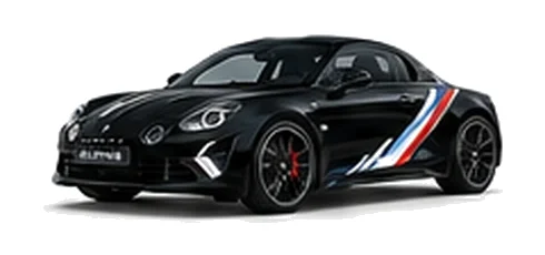 Alpine A110 in Noir Profond with motorsport-inspired vinyl graphics, front three-quarter view on a white background.