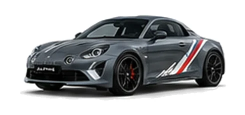 Alpine A110 in Thunder Grey with motorsport-inspired vinyl graphics, front three-quarter view on a white background.