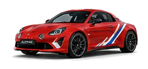 Alpine A110 in Racing Red with motorsport-inspired vinyl graphics, front three-quarter view on a white background.
