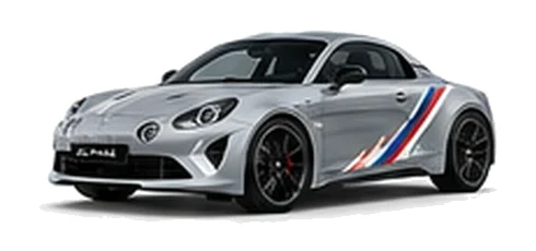 Alpine A110 in Silver Mercury with motorsport-inspired vinyl graphics, front three-quarter view on a white background.
