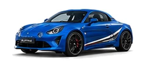 Alpine A110 GT in Alpine Blue with motorsport-inspired vinyl graphics, front three-quarter view on a white background.