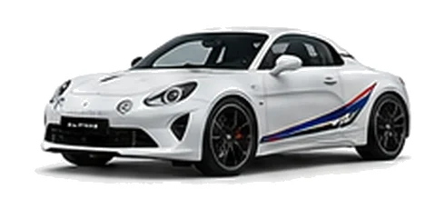 Alpine A110 GT in Glacier White with motorsport-inspired vinyl graphics, front three-quarter view on a white background.