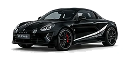 Alpine A110 GT in Noir Profond with motorsport-inspired vinyl graphics, front three-quarter view on a white background.