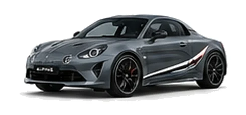 Alpine A110 GT in Thunder Grey with motorsport-inspired vinyl graphics, front three-quarter view on a white background.