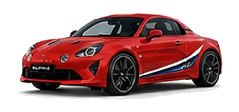 Alpine A110 GT in Racing Red with motorsport-inspired vinyl graphics, front three-quarter view on a white background.
