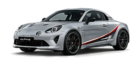 Alpine A110 GT in Silver Mercury with motorsport-inspired vinyl graphics, front three-quarter view on a white background.
