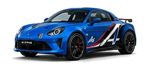 Alpine A110 R in Alpine Blue with motorsport-inspired vinyl graphics, front three-quarter view on a white background.
