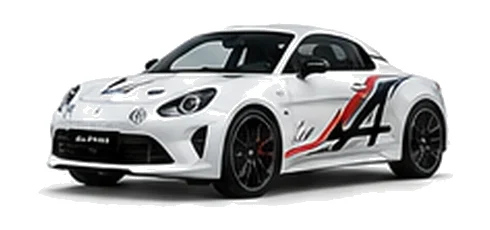 Alpine A110 R in Glacier White with motorsport-inspired vinyl graphics, front three-quarter view on a white background.
