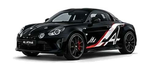 Alpine A110 R in Noir Profond with motorsport-inspired vinyl graphics, front three-quarter view on a white background.