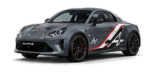 Alpine A110 R in Thunder Grey with motorsport-inspired vinyl graphics, front three-quarter view on a white background.