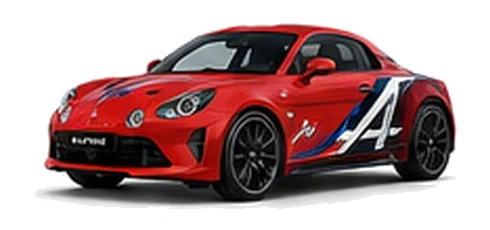 Alpine A110 R in Racing Red with motorsport-inspired vinyl graphics, front three-quarter view on a white background.