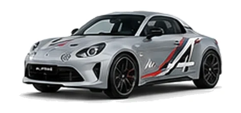 Alpine A110 R in Silver Mercury with motorsport-inspired vinyl graphics, front three-quarter view on a white background.