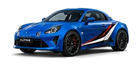 Alpine A110 S in Alpine Blue with motorsport-inspired vinyl graphics, front three-quarter view on a white background.