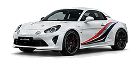 Alpine A110 S in Glacier White with motorsport-inspired vinyl graphics, front three-quarter view on a white background.