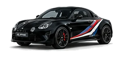 Alpine A110 S in Noir Profond with motorsport-inspired vinyl graphics, front three-quarter view on a white background.