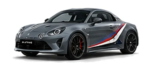 Alpine A110 S in Thunder Grey with motorsport-inspired vinyl graphics, front three-quarter view on a white background.