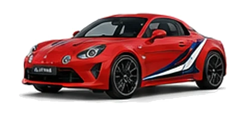 Alpine A110 S in Racing Red with motorsport-inspired vinyl graphics, front three-quarter view on a white background.