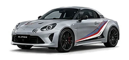 Alpine A110 S in Silver Mercury with motorsport-inspired vinyl graphics, front three-quarter view on a white background.