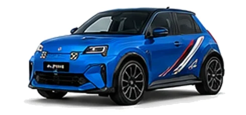 Alpine A290 in Alpine Blue with motorsport-inspired vinyl graphics, front three-quarter view on a white background.